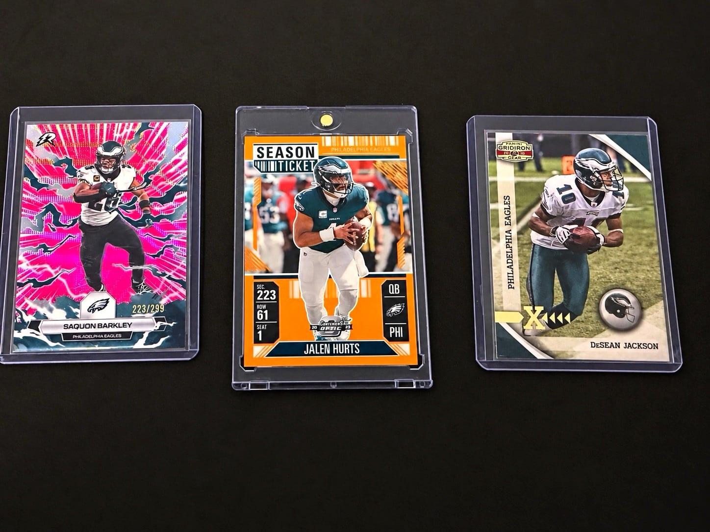 🔥Eagles 3 Card Lot - Hurts Season Ticket #/75, Barkley #/299, Jackson #/100