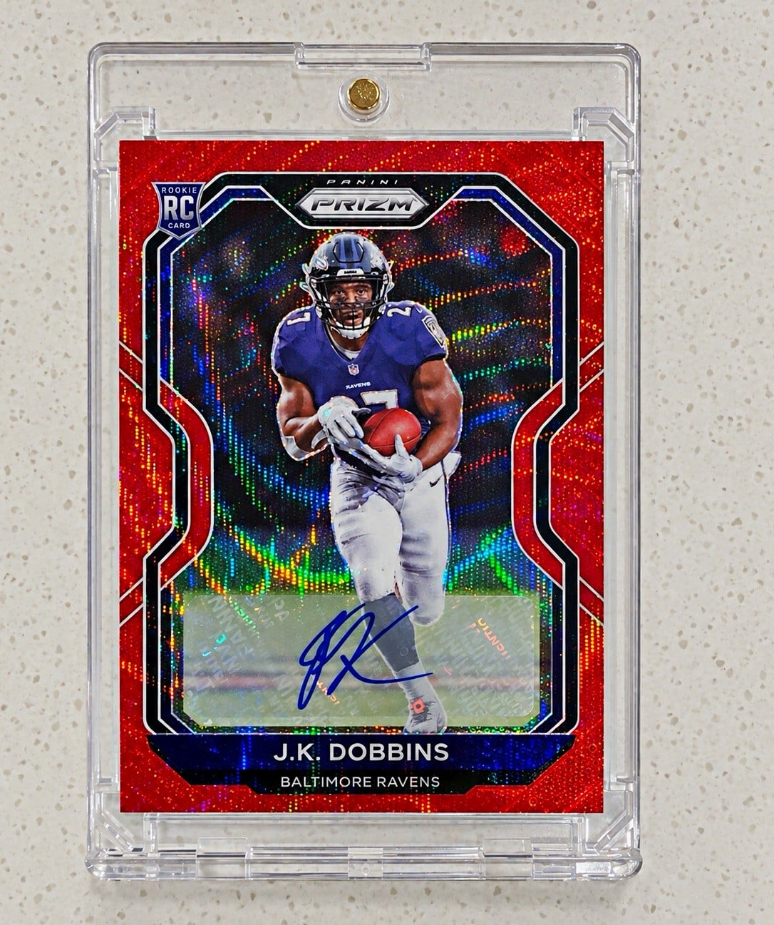 J.K. Dobbins RC #/149 Autographed Red Wave Prizm Panini 2020 #379 Ravens